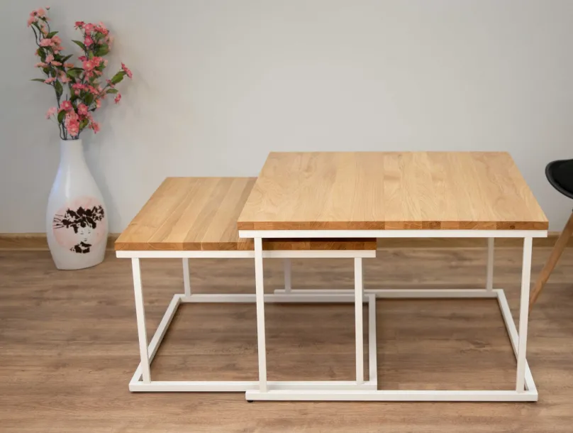 Riverbank Couchtisch Set quadratisch massiv eiche mit Metallgestell