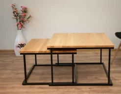 Riverbank Couchtisch Set quadratisch massiv eiche mit Metallgestell