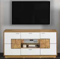 Larix Orbano white TV Unterschrank mit Hirnholz Applikation weiß / alteiche Clearance